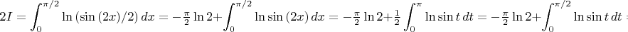 $$\hspace{-1cm}2I=\int_0^{\pi/2}\ln{(\sin{(2x)}/2)}\,dx=-\tfrac{\pi}{2}\ln{2}+\int_0^{\pi/2}\ln{\sin{(2x)}}\,dx=-\tfrac{\pi}{2}\ln{2}+\tfrac{1}{2}\int_0^{\pi}\ln{\sin{t}}\,dt=-\tfrac{\pi}{2}\ln{2}+\int_0^{\pi/2}\ln{\sin{t}}\,dt=-\tfrac{\pi}{2}\ln{2}+I,$$
