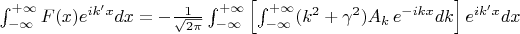 $
\int_{-\infty}^{+\infty} F(x) e^{ik'x}dx=-\frac{1}{\sqrt{2 \pi}} \int_{-\infty}^{+\infty} \left[ \int_{-\infty}^{+\infty}(k^2+\gamma^2)A_k \, e^{-ikx}dk \right] e^{i k' x}dx$