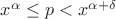 $x^{\alpha}\le p<x^{\alpha +\delta}$