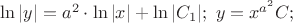 $\ln |y|=a^2\cdot \ln |x|+\ln|C_1|;\  y=x^{a^2}C;$