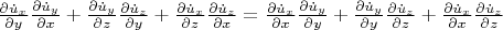 $\frac{{\partial \dot u_x }}
{{\partial y}}\frac{{\partial \dot u_y }}
{{\partial x}} + \frac{{\partial \dot u_y }}
{{\partial z}}\frac{{\partial \dot u_z }}
{{\partial y}} + \frac{{\partial \dot u_x }}
{{\partial z}}\frac{{\partial \dot u_z }}
{{\partial x}} = \frac{{\partial \dot u_x }}
{{\partial x}}\frac{{\partial \dot u_y }}
{{\partial y}} + \frac{{\partial \dot u_y }}
{{\partial y}}\frac{{\partial \dot u_z }}
{{\partial z}} + \frac{{\partial \dot u_x }}
{{\partial x}}\frac{{\partial \dot u_z }}
{{\partial z}}$