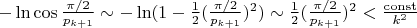 $-\ln\cos\frac{\pi/2}{p_{k+1}}\sim-\ln(1-{1\over2}(\frac{\pi/2}{p_{k+1}})^2)\sim{1\over2}(\frac{\pi/2}{p_{k+1}})^2<{\mathrm{const}\over k^2}$