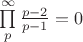 $\prod\limits_{p}^{\infty}\frac{p-2}{p-1}=0$
