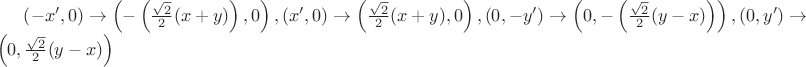 $\left( { - x',0} \right) \to \left( { - \left( {\frac{{\sqrt 2 }}{2}(x + y)} \right),0} \right),\left( {x',0} \right) \to \left( {\frac{{\sqrt 2 }}{2}(x + y),0} \right),\left( {0, - y'} \right) \to \left( {0, - \left( {\frac{{\sqrt 2 }}{2}(y - x)} \right)} \right),\left( {0,y'} \right) \to \left( {0,\frac{{\sqrt 2 }}{2}(y - x)} \right)$