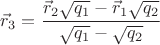 $$\vec{r}_3=\frac{\vec{r}_2\sqrt{q_1}-\vec{r}_1\sqrt{q_2}}{\sqrt{q_1}-\sqrt{q_2}}$$
