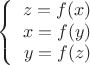 $$\left\{
\begin{array}{rcl}
z = f(x)\\
x = f(y) \\
y = f(z)\\
\end{array}
\right.$$