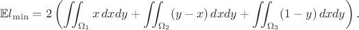 $$\mathbb{E}l_{\min}=2\left(\iint_{\Omega_1}x\,dxdy + \iint_{\Omega_2}(y-x)\,dxdy + \iint_{\Omega_3}(1-y)\,dxdy\right).$$
