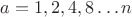 $a = 1, 2, 4, 8 \dots n$