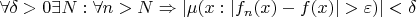 $\forall\delta>0 \exists N: \forall n>N \Rightarrow \left\lvert \mu(x: \left\lvert f_n(x)-f(x)\right\rvert>\varepsilon)\right\rvert<\delta$