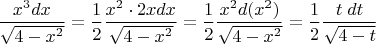 $\dfrac{x^3 dx}{\sqrt{4-x^2}}=\dfrac 1 2\dfrac{x^2\cdot 2x dx}{\sqrt{4-x^2}}=\dfrac 1 2\dfrac{x^2 d(x^2)}{\sqrt{4-x^2}}=\dfrac 1 2\dfrac {t\; dt}{\sqrt{4-t}}$