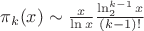 $\pi_k(x)\sim\frac{x}{\ln x}\frac{\ln_2^{k-1}x}{(k-1)!}$