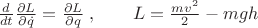 $\frac d{dt}\frac{\partial L}{\partial\dot q}=\frac{\partial L}{\partial q}\;,\quad\quad L=\frac{mv^2}2-mgh$