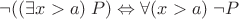 $\neg ((\exists x > a)\; P) \Leftrightarrow \forall (x >a) \; \neg P $