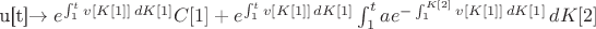 u[t]\to e^{\int_1^t v[K[1]] \, dK[1]} C[1]+e^{\int_1^t v[K[1]] \, dK[1]} \int_1^t a e^{-\int_1^{K[2]} v[K[1]] \, dK[1]} \, dK[2]