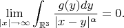 $$\lim_{|x|\to\infty}\int_{\mathbb{R}^3}\frac{g(y)dy}{|x-y|^\alpha}=0.$$
