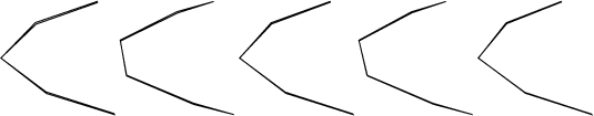 $$\begin{tikzpicture}\draw [black, thin](0.6091,1.6271) -- (1.6943,2.0000) -- (1.6996,1.9819) -- (0.6174,1.5978) -- (0.0000,1.0000) -- (0.7926,0.4022) -- (1.9929,0.0181) -- (2.0000,0.0000) -- (0.8042,0.3729) -- (0.0014,1.0000) -- (0.6091,1.6271);\draw [black, thin](2.1000,1.3164) -- (3.1010,1.8210) -- (3.7458,2.0000) -- (3.1091,1.7971) -- (2.1041,1.3016) -- (2.2077,0.6984) -- (3.3861,0.2029) -- (4.1000,0.0000) -- (3.3971,0.1790) -- (2.2154,0.6836) -- (2.1000,1.3164);\draw [black, thin](4.2022,1.0000) -- (4.7583,1.6246) -- (5.7917,2.0000) -- (5.7967,1.9869) -- (4.7660,1.6034) -- (4.2000,1.0000) -- (5.0049,0.3966) -- (6.1931,0.0131) -- (6.2000,0.0000) -- (5.0167,0.3754) -- (4.2022,1.0000);\draw [black, thin](6.4505,0.6856) -- (6.3000,1.3144) -- (7.2261,1.8177) -- (7.8312,2.0000) -- (7.2335,1.8004) -- (6.3032,1.3037) -- (6.4424,0.6963) -- (7.6037,0.1996) -- (8.3000,0.0000) -- (7.6146,0.1823) -- (6.4505,0.6856);\draw [black, thin](9.2328,0.3772) -- (8.4032,1.0000) -- (8.8926,1.6228) -- (9.8590,2.0000) -- (9.8636,1.9905) -- (8.8993,1.6074) -- (8.4000,1.0000) -- (9.2208,0.3926) -- (10.3931,0.0095) -- (10.4000,0.0000) -- (9.2328,0.3772);\end{tikzpicture}$$