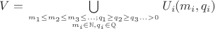 $V= \bigcup \limits_{m_1 \le m_2 \le m_3 \le... ; q_1 \ge q_2 \ge q_3... >0 \atop m_i \in \mathbb{N}, q_i \in \mathbb{Q}} U_i(m_i,q_i)$