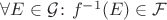 $\forall E \in \mathcal G \colon f^{-1} (E) \in \mathcal F$