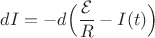 $dI=-d\Big(\dfrac{\mathcal{E}}{R}-I(t)\Big)$ $dI=-d\Big(\dfrac{\mathcal{E}}{R}-I(t)\Big)$
