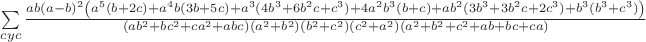 $\sum\limits_{cyc}\frac{ab(a-b)^2\left(a^5(b+2c)+a^4b(3b+5c)+a^3(4b^3+6b^2c+c^3)+4a^2b^3(b+c)+ab^2(3b^3+3b^2c+2c^3)+b^3(b^3+c^3)\right)}{(ab^2+bc^2+ca^2+abc)(a^2+b^2)(b^2+c^2)(c^2+a^2)(a^2+b^2+c^2+ab+bc+ca)}$