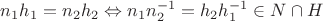 $n_1h_1=n_2h_2 \Leftrightarrow n_1n_2^{-1} = h_2h_1^{-1} \in N \cap H$