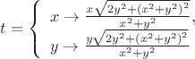 $t=
\left\{ \begin{array}{l} 
x \to \frac{x \sqrt{2 y^2+\left(x^2+y^2\right)^2}}{x^2+y^2},\\ 
y \to \frac{y \sqrt{2 y^2+\left(x^2+y^2\right)^2}}{x^2+y^2} 
\end{array} \right.
$