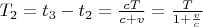 $T_2=t_3-t_2=\frac{cT}{c+v}=\frac T{1+\frac vc}$