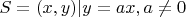 $S={{(x,y) | y=ax}}, a\neq 0$