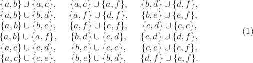 $$\begin {matrix}
\lbrace a, b\rbrace \cup \lbrace a, c\rbrace,\\
\lbrace a, b\rbrace \cup \lbrace b, d\rbrace,\\
\lbrace a, b\rbrace \cup \lbrace b, e\rbrace,\\
\lbrace a, b\rbrace \cup \lbrace a, f\rbrace,\\
\lbrace a, c\rbrace \cup \lbrace c, d\rbrace,\\
\lbrace a, c\rbrace \cup \lbrace c, e\rbrace,
\end {matrix} \;\;\;\;\;
\begin {matrix}
\lbrace a, c\rbrace \cup \lbrace a, f\rbrace,\\
\lbrace a, f\rbrace \cup \lbrace d, f\rbrace,\\
\lbrace a, f\rbrace \cup \lbrace e, f\rbrace,\\
\lbrace b, d\rbrace \cup \lbrace c, d\rbrace,\\
\lbrace b, e\rbrace \cup \lbrace c, e\rbrace,\\
\lbrace b, e\rbrace \cup \lbrace b, d\rbrace,
\end {matrix}\;\;\;\;\;
\begin {matrix}
\lbrace b, d\rbrace \cup \lbrace d, f\rbrace,\\
\lbrace b, e\rbrace \cup \lbrace e, f\rbrace,\\
\lbrace c, d\rbrace \cup \lbrace c, e\rbrace,\\
\lbrace c, d\rbrace \cup \lbrace d, f\rbrace,\\
\lbrace c, e\rbrace \cup \lbrace e, f\rbrace,\\
\lbrace d, f\rbrace \cup \lbrace e, f\rbrace.
\end {matrix} \eqno (1)$$