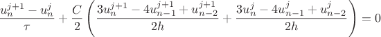 \dfrac{u^{j+1}_n - u^j_n}{\tau} + \frac{C}{2}\left(\frac{3u^{j+1}_{n} - 4u^{j+1}_{n-1}+u^{j+1}_{n-2}}{2h} + \frac{3u^{j}_{n} - 4u^{j}_{n-1}+u^{j}_{n-2}}{2h}  \right) = 0}