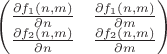 $\begin{pmatrix}
\frac{\partial f_1(n,m)}{\partial n} &\frac{\partial f_1(n,m)}{\partial m}\\
\frac{\partial f_2(n,m)}{\partial n} &  \frac{\partial f_2(n,m)}{\partial m} 
\end{pmatrix}$