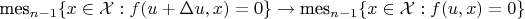 $\textup{mes}_{n-1}\{x\in\mathcal{X}: f(u+\Delta u,x)=0\}\to\textup{mes}_{n-1}\{x\in\mathcal{X}: f(u,x)=0\}$