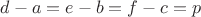 $d-a=e-b=f-c=p$