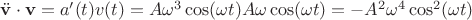$\ddot{\mathbf v}\cdot\mathbf v = a'(t)v(t)=A\omega^3\cos(\omega t)A\omega\cos(\omega t)=-A^2\omega^4\cos^2(\omega t)$