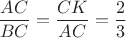 $\dfrac{AC}{BC}=\dfrac{CK}{AC}=\dfrac{2}{3}$