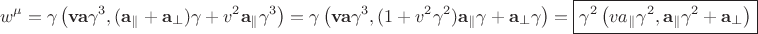 $$w^\mu=\gamma\left(\mathbf{v}\mathbf{a}\gamma^3,(\mathbf{a}_\parallel+\mathbf{a}_\perp)\gamma+v^2\mathbf{a}_\parallel\gamma^3\right)=\gamma\left(\mathbf{v}\mathbf{a}\gamma^3,(1+v^2\gamma^2)\mathbf{a}_\parallel\gamma+\mathbf{a}_\perp\gamma\right)=\boxed{\gamma^2\left(va_\parallel\gamma^2,\mathbf{a}_\parallel\gamma^2+\mathbf{a}_\perp\right)}$$