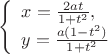$$ \left\{ \begin{array}{l} 
x=\frac {2at} {1+t^2} \right,\\ 
y=\frac {a(1-t^2)} {1+t^2} \right 
\end{array} \right. $$