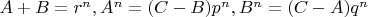 $A+B=r^n, A^n=(C-B)p^n, B^n=(C-A)q^n$
