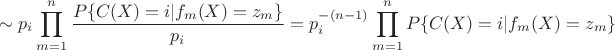 $$\sim p_i\prod_{m=1}^n \frac{P\{C(X)=i | f_m(X)=z_m\}}{p_i} = p_i^{-(n-1)}\prod_{m=1}^n P\{C(X)=i | f_m(X)=z_m\}$$
