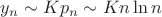 $y_n\sim Kp_n\sim Kn\ln n$