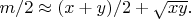 $m/2 \approx (x+y)/2+\sqrt{xy}.$
