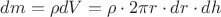 $$ dm = \rho dV = \rho\cdot 2\pi r\cdot dr\cdot dh $$