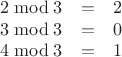 $$\begin{array}{rcl}
 2\bmod 3&=&2 \\
 3\bmod 3&=&0 \\
 4\bmod 3&=&1 \\
\end{array}
$$