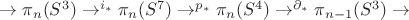 $\to\pi_n(S^3)\to ^{i_*} \pi_n(S^7) \to^{p_*}\pi_n(S^4) \to ^{\partial_*}\pi_{n-1}(S^3)\to$