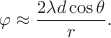 $$\varphi\approx \frac{2\lambda d\cos\theta}{r}.$$ $$\varphi\approx \frac{2\lambda d\cos\theta}{r}.$$
