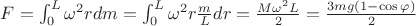$ F = \int_0^L \omega^2 r dm = \int_0^L \omega^2 r \frac{m}{L} dr = \frac{M \omega^2 L}{2} = \frac{3 m g (1 - \cos{\varphi})}{2}$