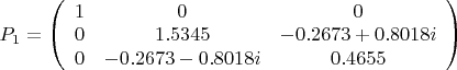 $P_1=
\left(\begin{array}{ccc}
1&0&0\\
0&1.5345&-0.2673+0.8018i\\
0&-0.2673-0.8018i&0.4655\end{array}\right)