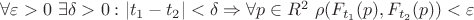 $\forall \varepsilon >0 \ \exists \delta >0 : |t_1-t_2|< \delta \Rightarrow \forall p \in R^2 \ \rho(F_{t_1}(p), F_{t_2}(p))<\varepsilon$