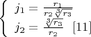 $\left\{
\begin{array}{lcl}
  j_1=\frac{r_1}{r_2\sqrt[3]{r_3}}\\
 j_2=\frac{\sqrt[3]{r_3}}{r_2} \   \    \eqno[11]\\
\end{array}
\right. $