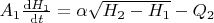 $A_{1} \frac{\mathrm{d} H_{1}}{\mathrm{d} t}=\alpha\sqrt{H_{2}-H_{1}}-Q_{2}$